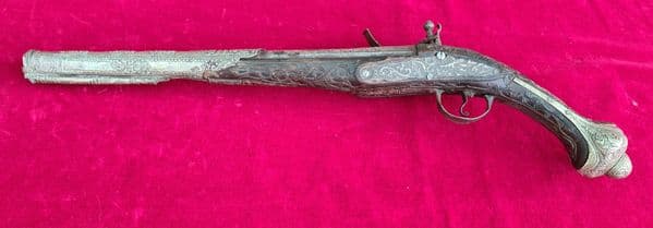 A decorative silver inlaid Balkan Flintlock pistol. C. 1800, FOR SALE. Needs restoration. Ref 3908.